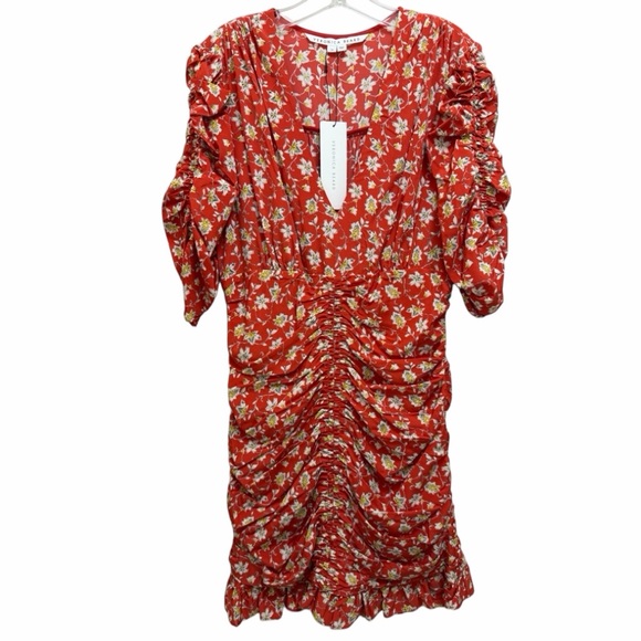 NWT Veronica Beard Josephine Silk Ruche Stretch Mini Dress Floral Red Size 14 - Picture 3 of 10